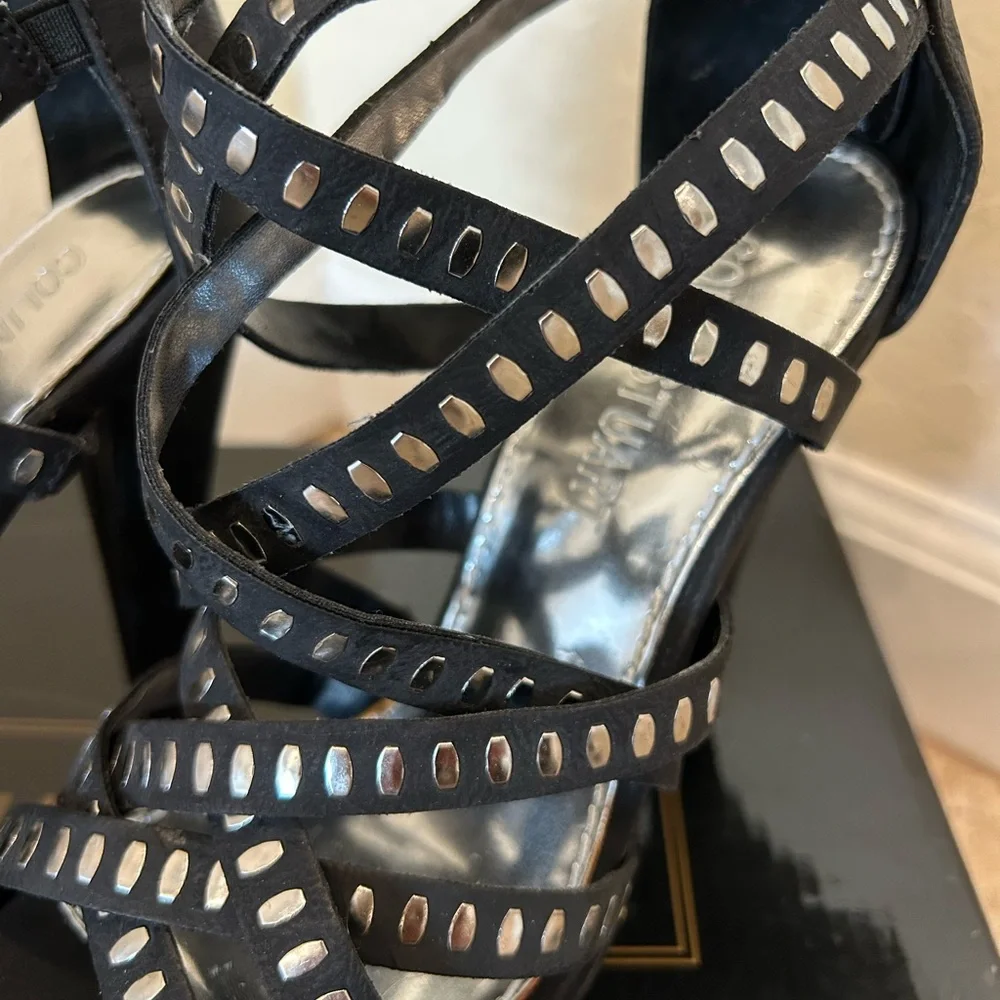 ◼️HP◼️Edgy Black Studded Strappy Heels EUC - Picture 4 of 8